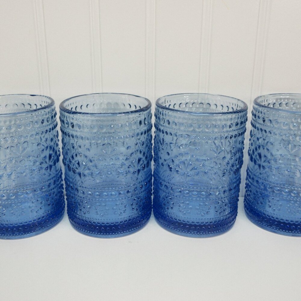 Pioneer Woman Channing Embossed Glass Short Tumblers Blue 4pcs 11oz New